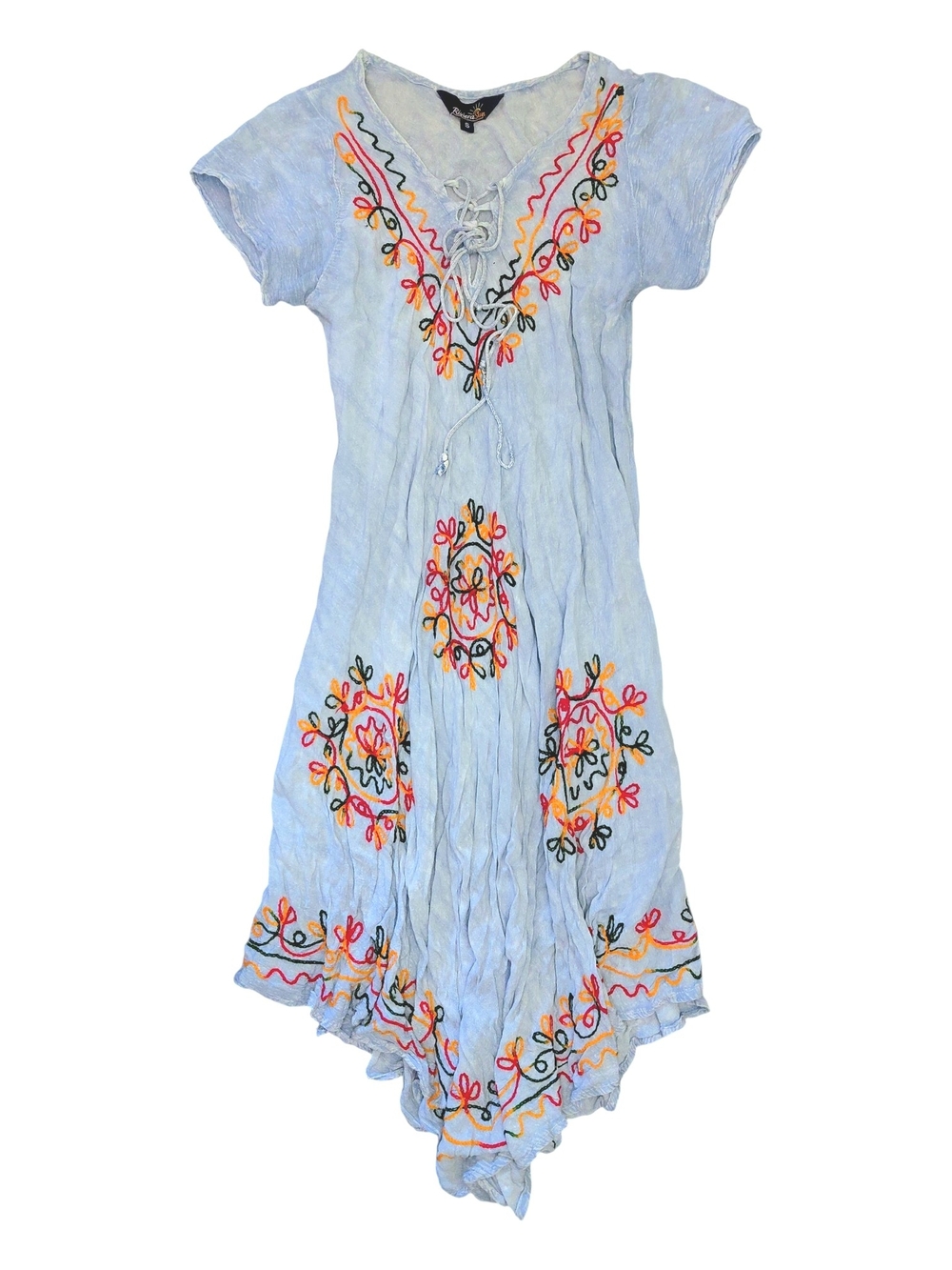 Riviera Sun Light Blue Embroidered Rayon Boho Dress - Size Small